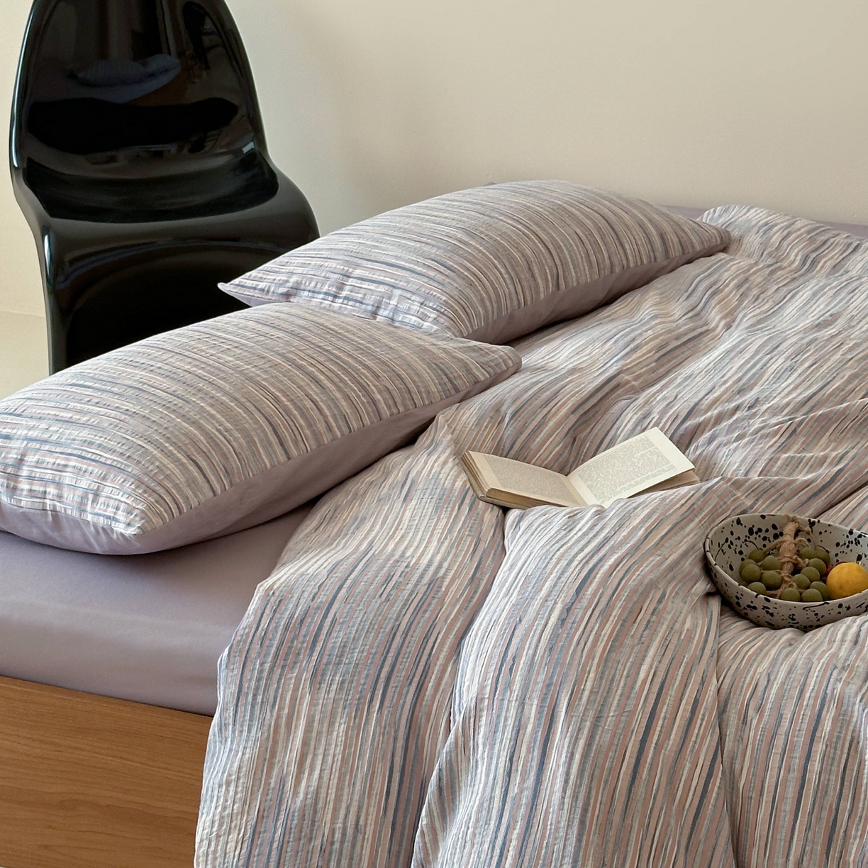 91家纺网 家纺一手货源 找家纺 云上 2026新款全棉纯棉色纺混段染条四件套-暮光 暮光-蓝紫