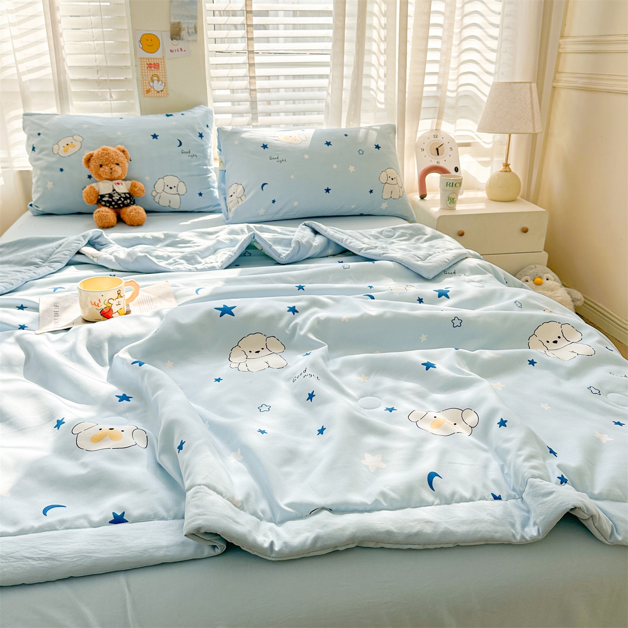 91家纺网 家纺一手货源 找家纺 晓时候 2026新款小清新印花夏被夏凉被空调被新疆棉花被被子被芯 泡芙狗