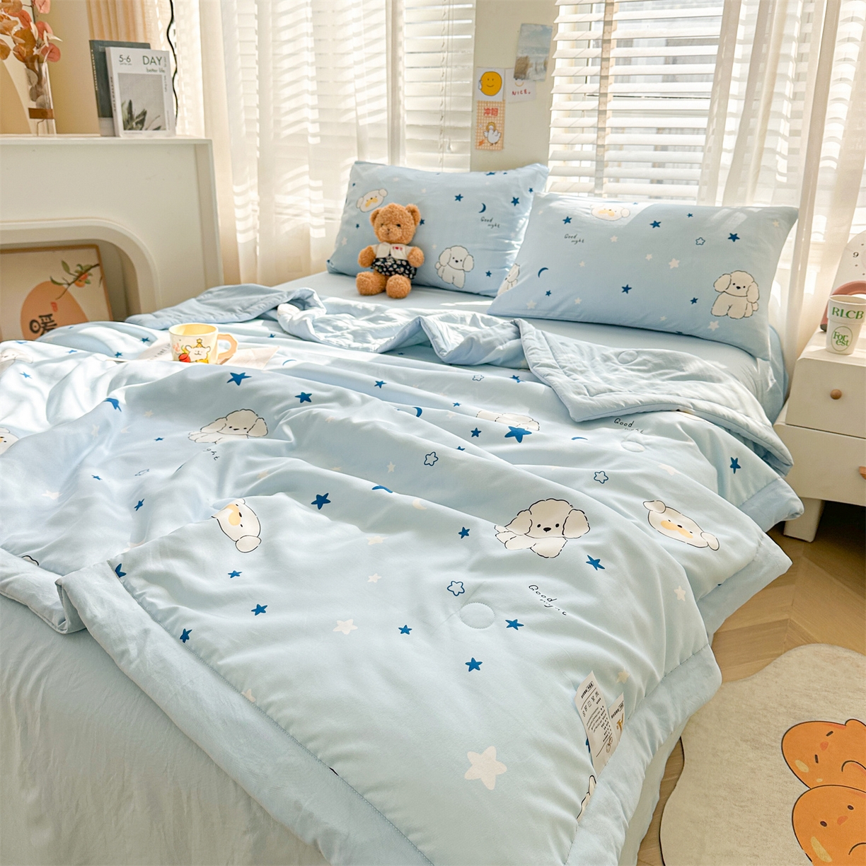 91家纺网 家纺一手货源 找家纺 晓时候 2026新款小清新印花夏被夏凉被空调被新疆棉花被被子被芯 泡芙狗