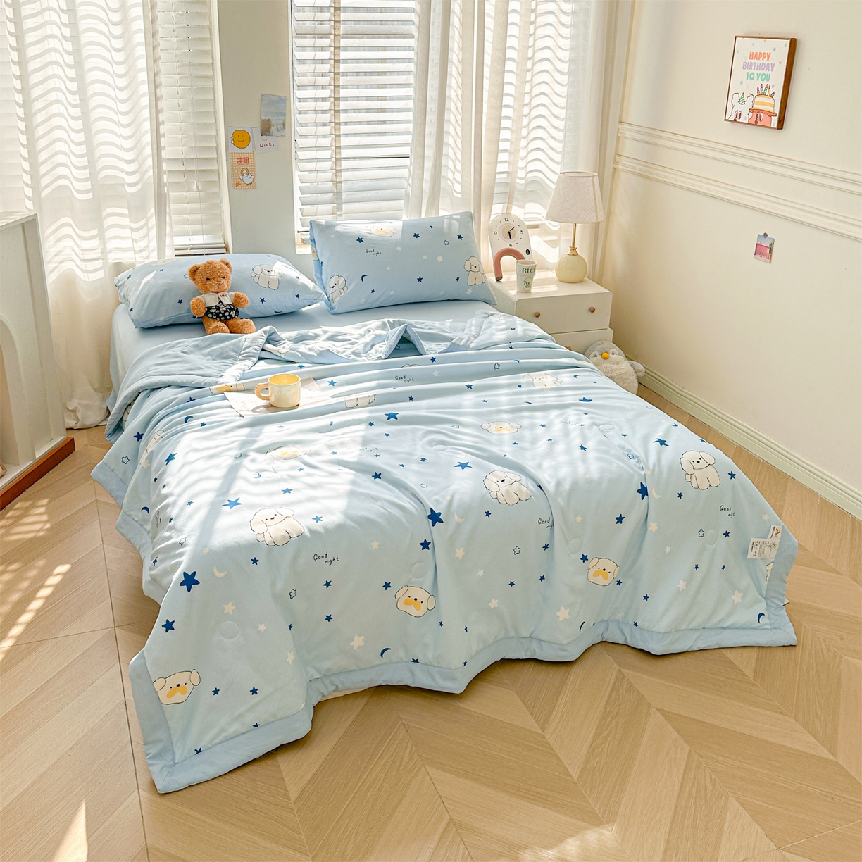 91家纺网 家纺一手货源 找家纺 晓时候 2026新款小清新印花夏被夏凉被空调被新疆棉花被被子被芯 泡芙狗