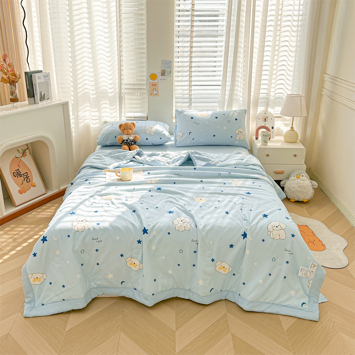 91家纺网 家纺一手货源 找家纺 晓时候 2026新款小清新印花夏被夏凉被空调被新疆棉花被被子被芯 泡芙狗