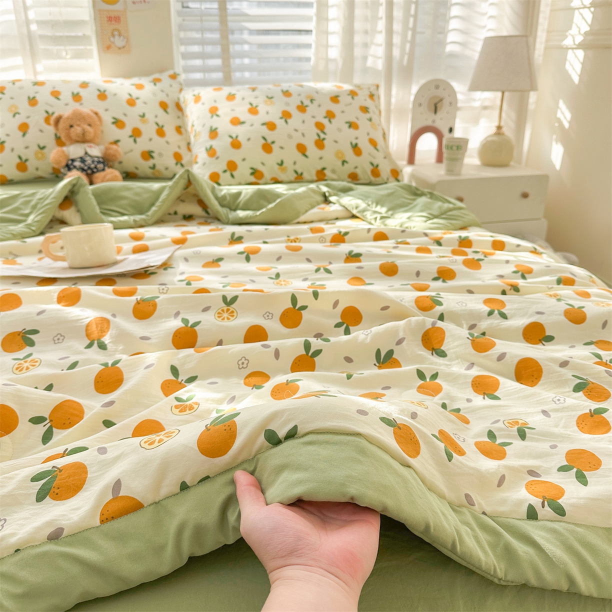 91家纺网 家纺一手货源 找家纺 晓时候 2026新款小清新印花夏被夏凉被空调被新疆棉花被被子被芯 心想事橙