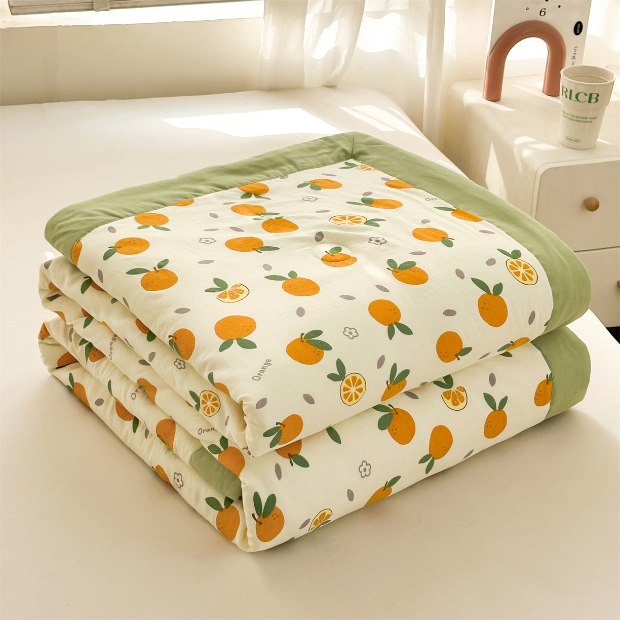 91家纺网 家纺一手货源 找家纺 晓时候 2026新款小清新印花夏被夏凉被空调被新疆棉花被被子被芯 心想事橙