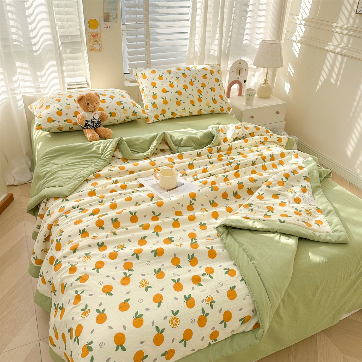 91家纺网 家纺一手货源 找家纺 晓时候 2026新款小清新印花夏被夏凉被空调被新疆棉花被被子被芯 心想事橙