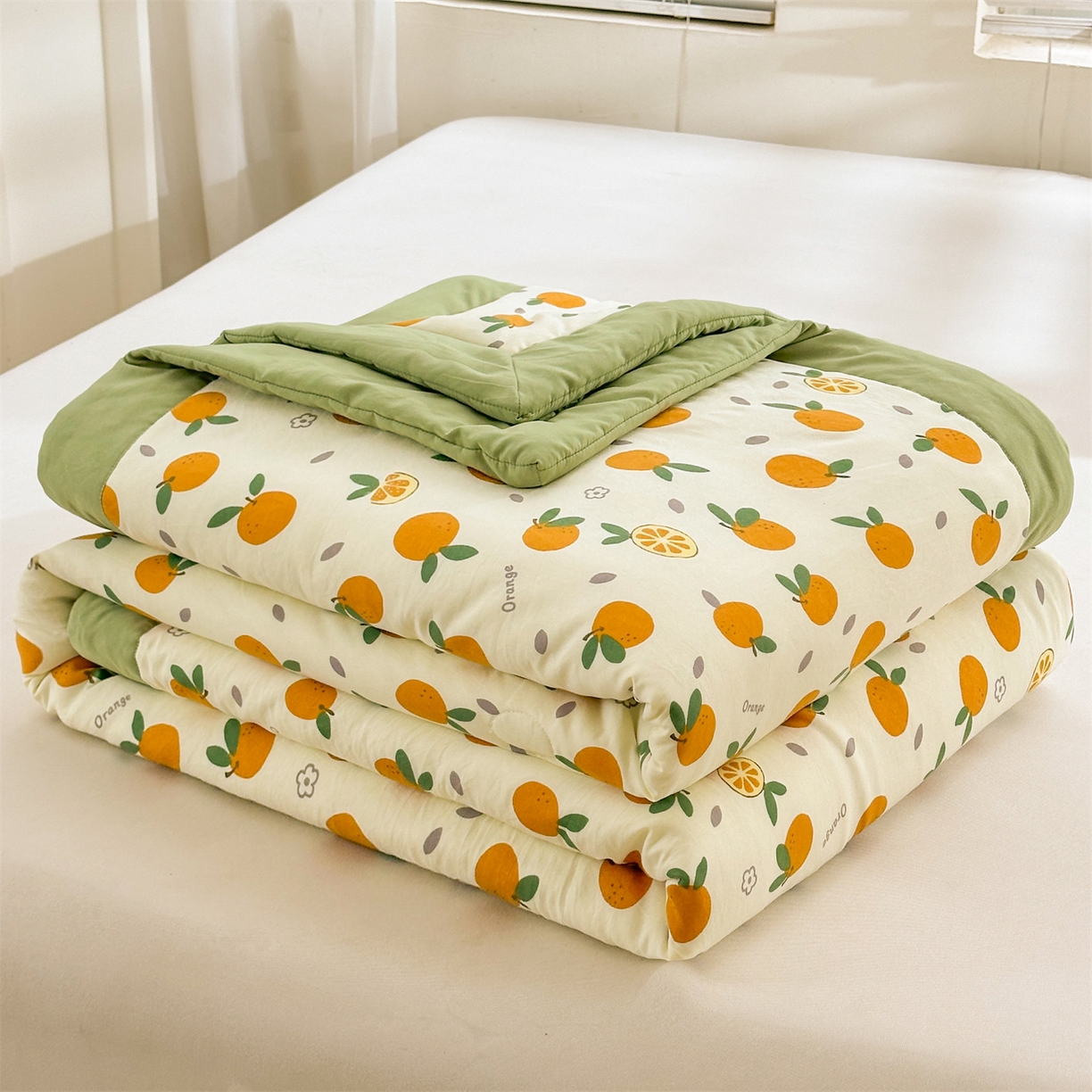 91家纺网 家纺一手货源 找家纺 晓时候 2026新款小清新印花夏被夏凉被空调被新疆棉花被被子被芯 心想事橙