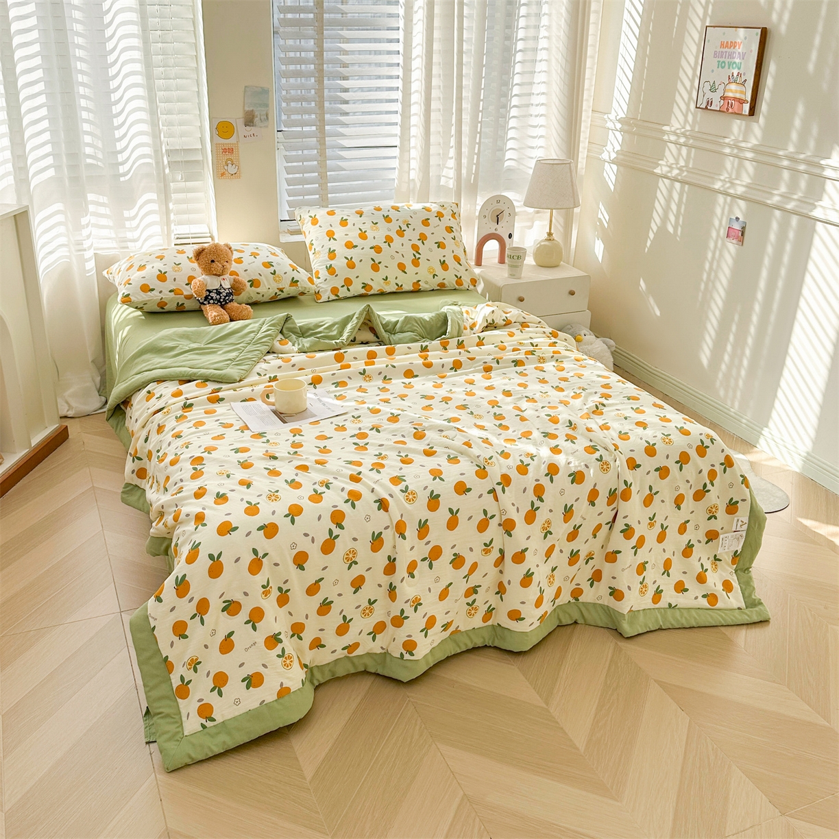 91家纺网 家纺一手货源 找家纺 晓时候 2026新款小清新印花夏被夏凉被空调被新疆棉花被被子被芯 心想事橙