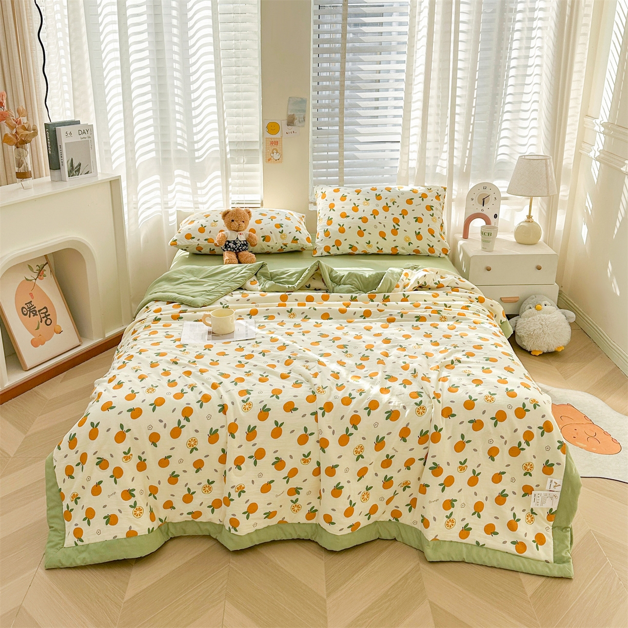 91家纺网 家纺一手货源 找家纺 晓时候 2026新款小清新印花夏被夏凉被空调被新疆棉花被被子被芯 心想事橙
