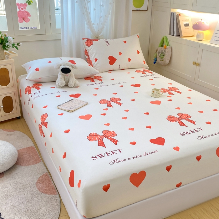 91家纺网 家纺一手货源 找家纺 朵朵家纺 2025新款超柔水洗棉云感印花单床笠床垫保护套床笠（床垫保护套可定制尺寸 ）-场景二 甜心结