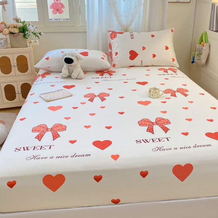 91家纺网 家纺一手货源 找家纺 朵朵家纺 2025新款超柔水洗棉云感印花单床笠床垫保护套床笠（床垫保护套可定制尺寸 ）-场景二 甜心结