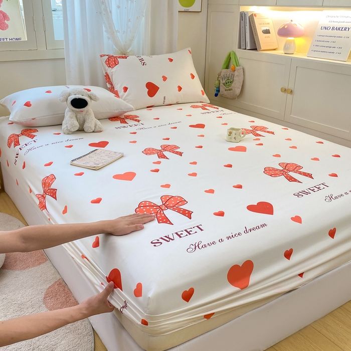 91家纺网 家纺一手货源 找家纺 朵朵家纺 2025新款超柔水洗棉云感印花单床笠床垫保护套床笠（床垫保护套可定制尺寸 ）-场景二 甜心结