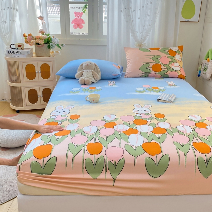 91家纺网 家纺一手货源 找家纺 朵朵家纺 2025新款超柔水洗棉云感印花单床笠床垫保护套床笠（床垫保护套可定制尺寸 ）-场景二 兔兔花园