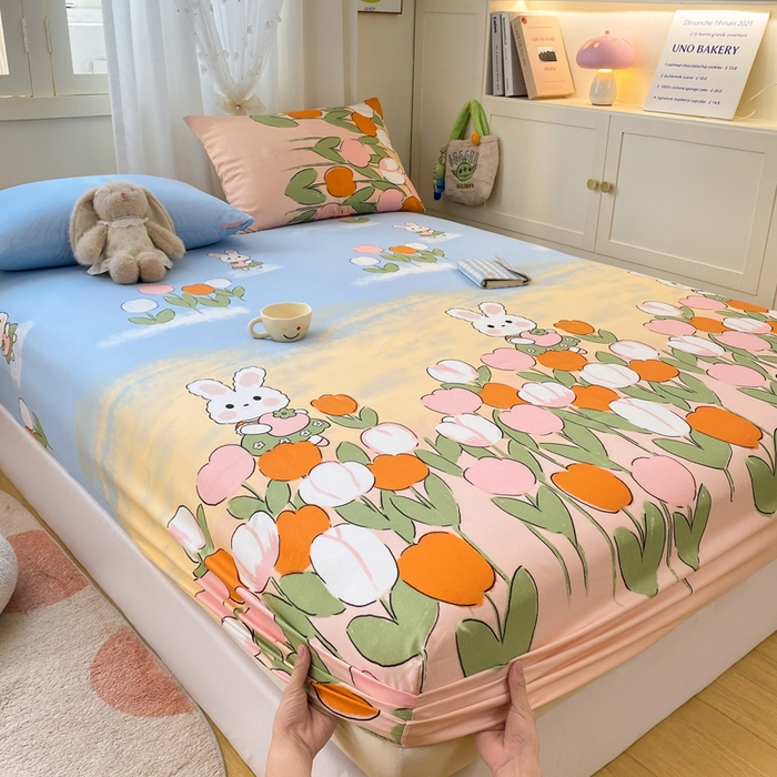 91家纺网 家纺一手货源 找家纺 朵朵家纺 2025新款超柔水洗棉云感印花单床笠床垫保护套床笠（床垫保护套可定制尺寸 ）-场景二 兔兔花园