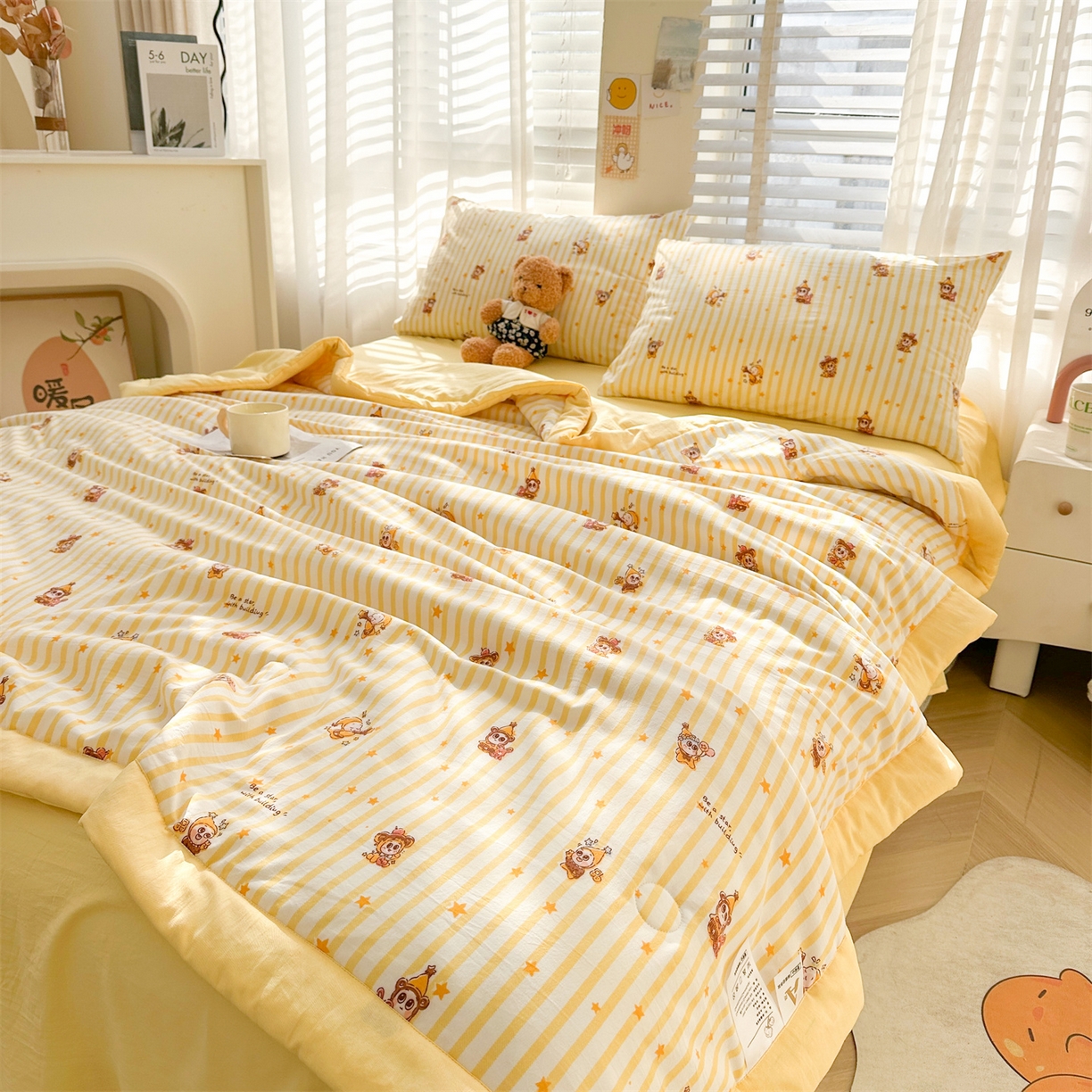 91家纺网 家纺一手货源 找家纺 晓时候 2026新款小清新印花夏被夏凉被空调被新疆棉花被被子被芯 芝士星星人