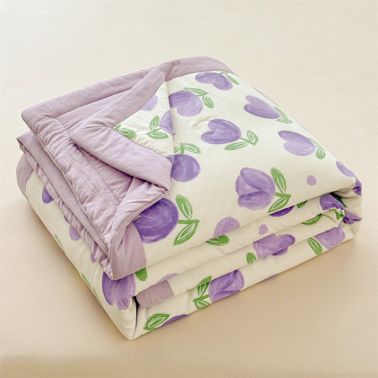 91家纺网 家纺一手货源 找家纺 晓时候 2026新款小清新印花夏被夏凉被空调被新疆棉花被被子被芯 郁金香紫