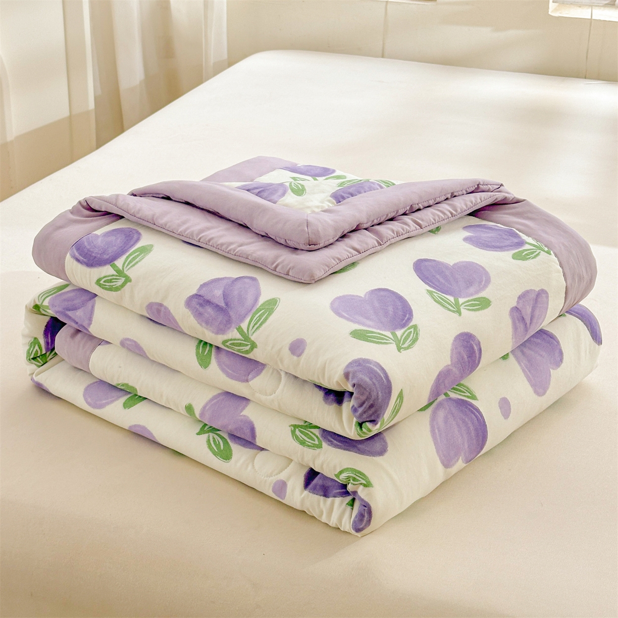 91家纺网 家纺一手货源 找家纺 晓时候 2026新款小清新印花夏被夏凉被空调被新疆棉花被被子被芯 郁金香紫