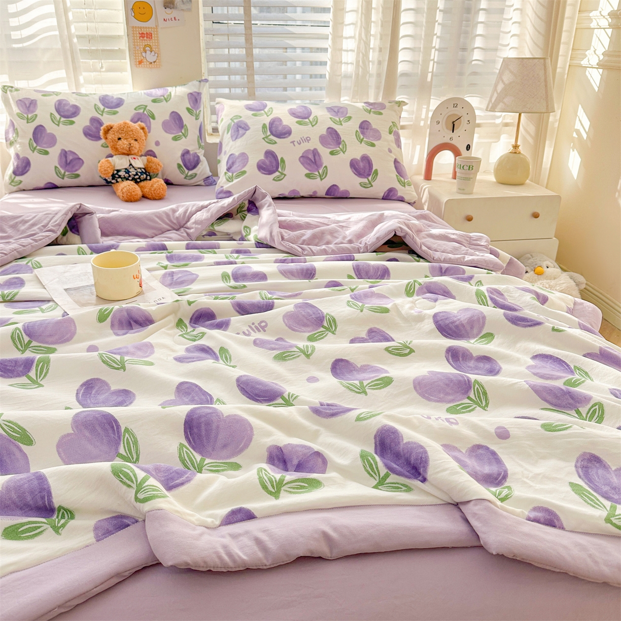 91家纺网 家纺一手货源 找家纺 晓时候 2026新款小清新印花夏被夏凉被空调被新疆棉花被被子被芯 郁金香紫