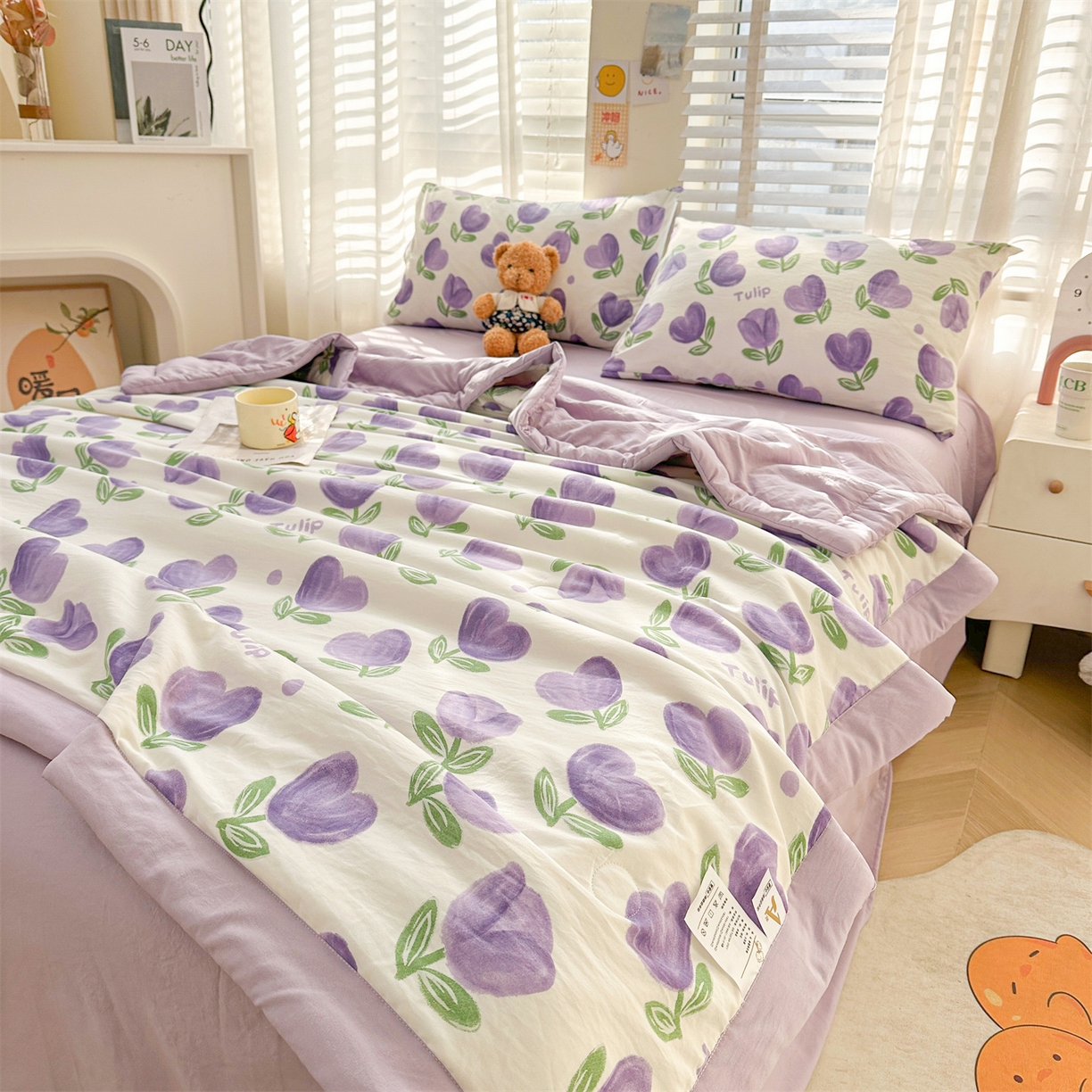 91家纺网 家纺一手货源 找家纺 晓时候 2026新款小清新印花夏被夏凉被空调被新疆棉花被被子被芯 郁金香紫