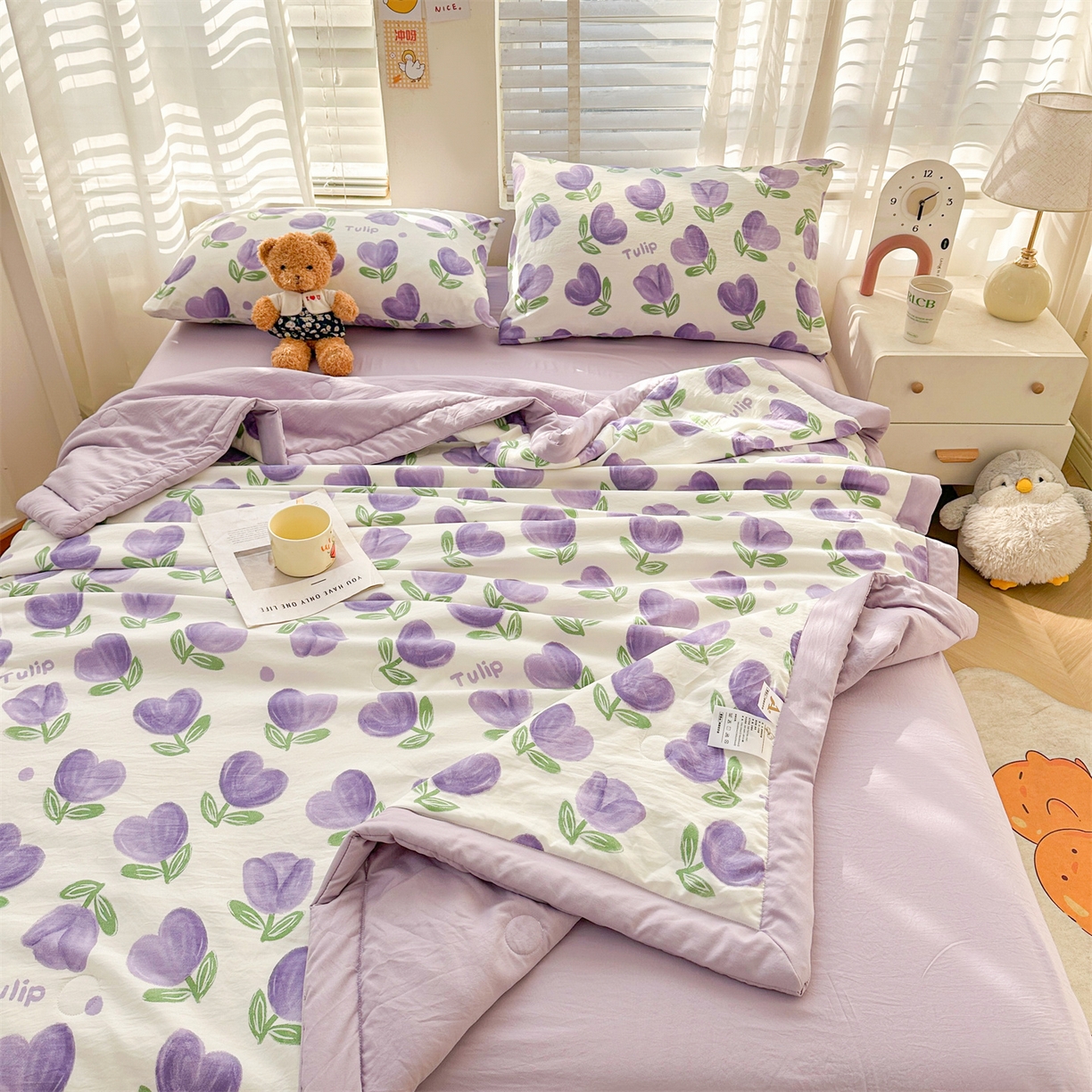 91家纺网 家纺一手货源 找家纺 晓时候 2026新款小清新印花夏被夏凉被空调被新疆棉花被被子被芯 郁金香紫