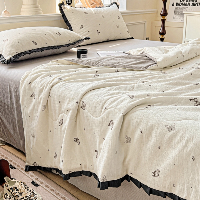 91家纺网 家纺一手货源 找家纺 仟网汇 2026新款木棉皱皱纱赫本风夏被单夏被枕套 蝴蝶梦