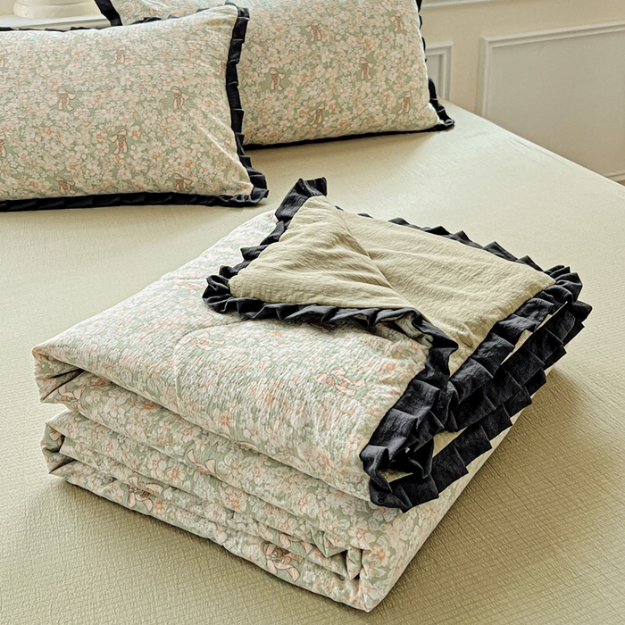 91家纺网 家纺一手货源 找家纺 仟网汇 2026新款木棉皱皱纱赫本风夏被单夏被枕套 花束绿