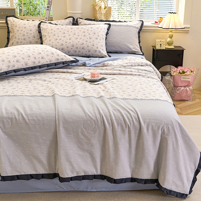 91家纺网 家纺一手货源 找家纺 仟网汇 2026新款木棉皱皱纱赫本风夏被单夏被枕套 兰黛