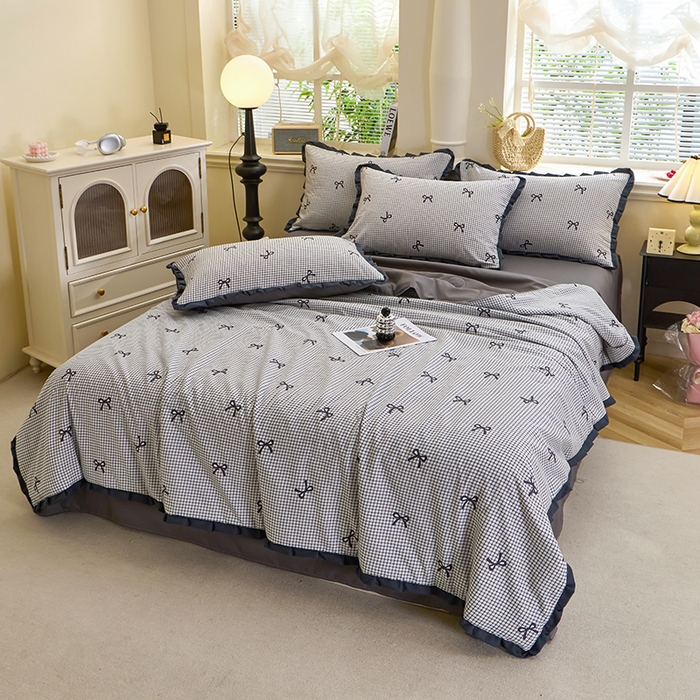 91家纺网 家纺一手货源 找家纺 仟网汇 2026新款木棉皱皱纱赫本风夏被单夏被枕套 格子蝴蝶结