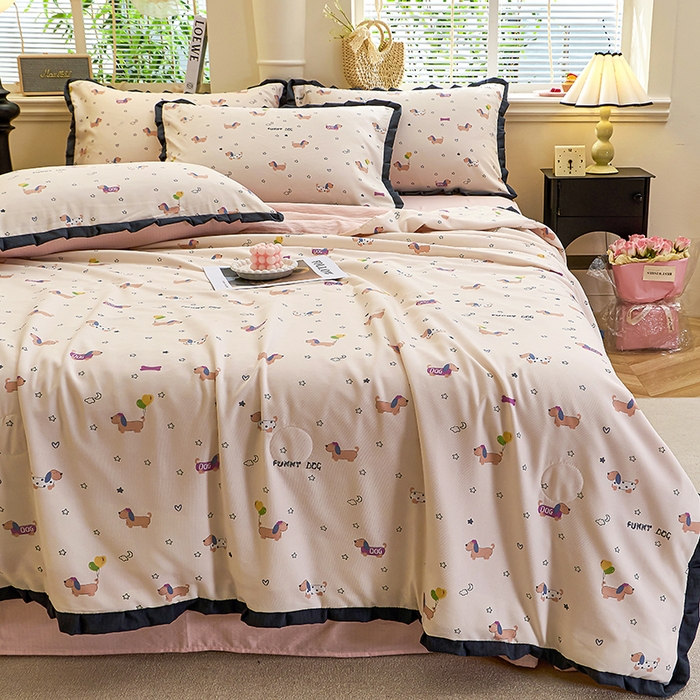 91家纺网 家纺一手货源 找家纺 仟网汇 2026新款木棉皱皱纱赫本风夏被单夏被枕套 狗狗乐园