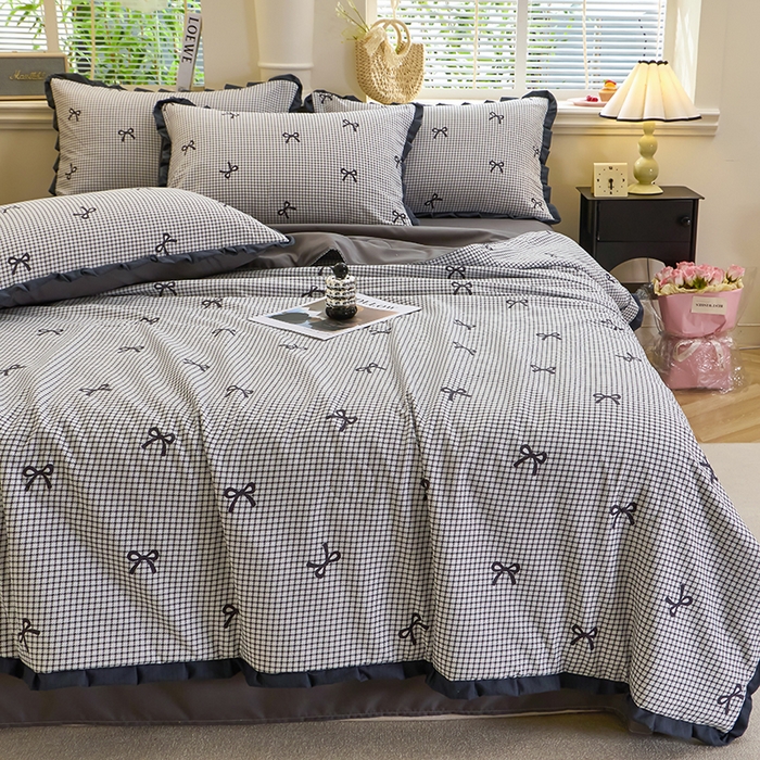 91家纺网 家纺一手货源 找家纺 仟网汇 2026新款木棉皱皱纱赫本风夏被单夏被枕套 格子蝴蝶结