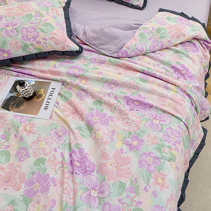 91家纺网 家纺一手货源 找家纺 仟网汇 2026新款木棉皱皱纱赫本风夏被单夏被枕套 紫韵斑斓