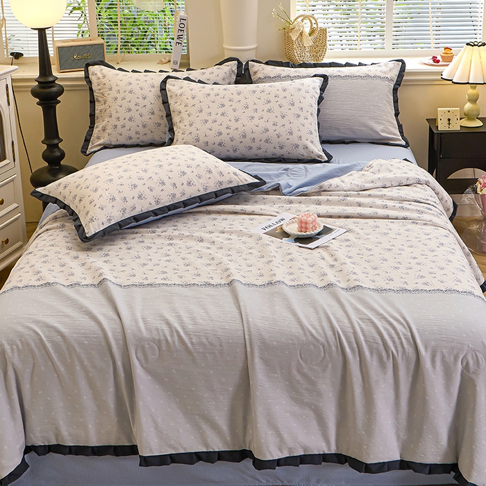 91家纺网 家纺一手货源 找家纺 仟网汇 2026新款木棉皱皱纱赫本风夏被单夏被枕套 兰黛