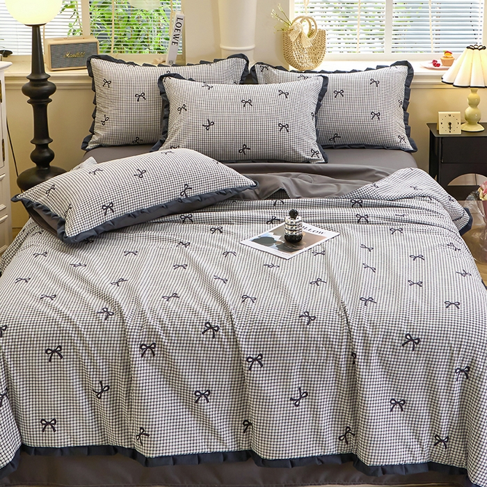 91家纺网 家纺一手货源 找家纺 仟网汇 2026新款木棉皱皱纱赫本风夏被单夏被枕套 格子蝴蝶结