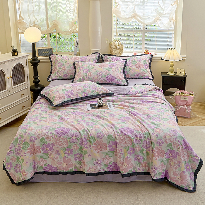 仟网汇 2026新款木棉皱皱纱赫本风夏被单夏被枕套 紫韵斑斓