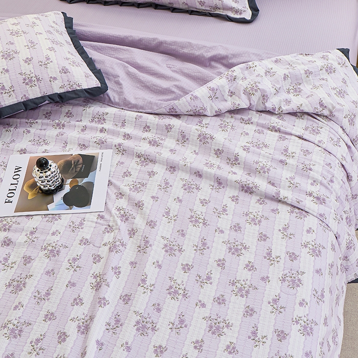 91家纺网 家纺一手货源 找家纺 仟网汇 2026新款木棉皱皱纱赫本风夏被单夏被枕套 半暖时光紫