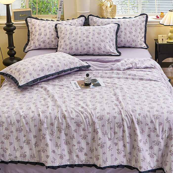 91家纺网 家纺一手货源 找家纺 仟网汇 2026新款木棉皱皱纱赫本风夏被单夏被枕套 半暖时光紫