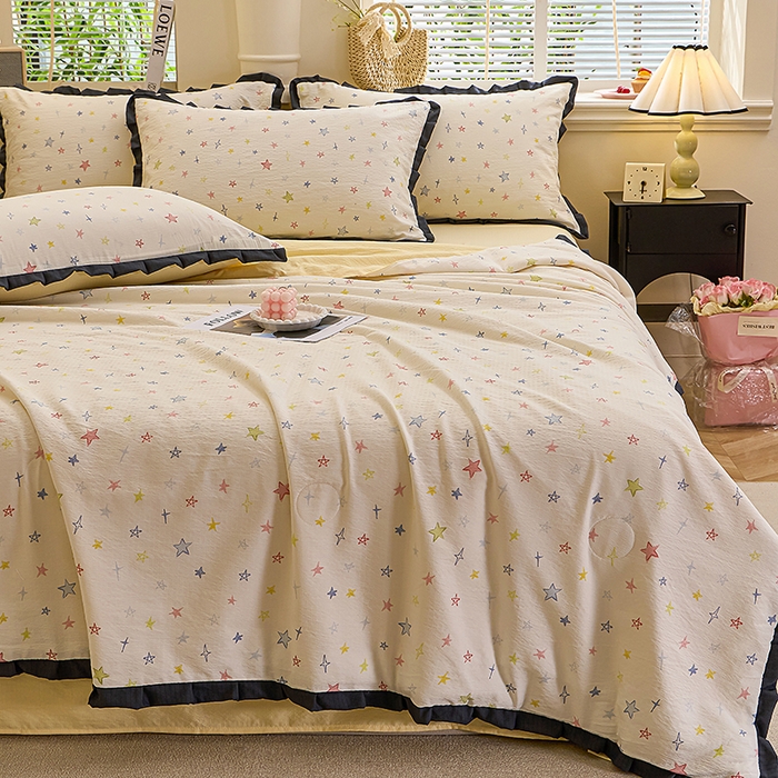 91家纺网 家纺一手货源 找家纺 仟网汇 2026新款木棉皱皱纱赫本风夏被单夏被枕套 梦幻星空