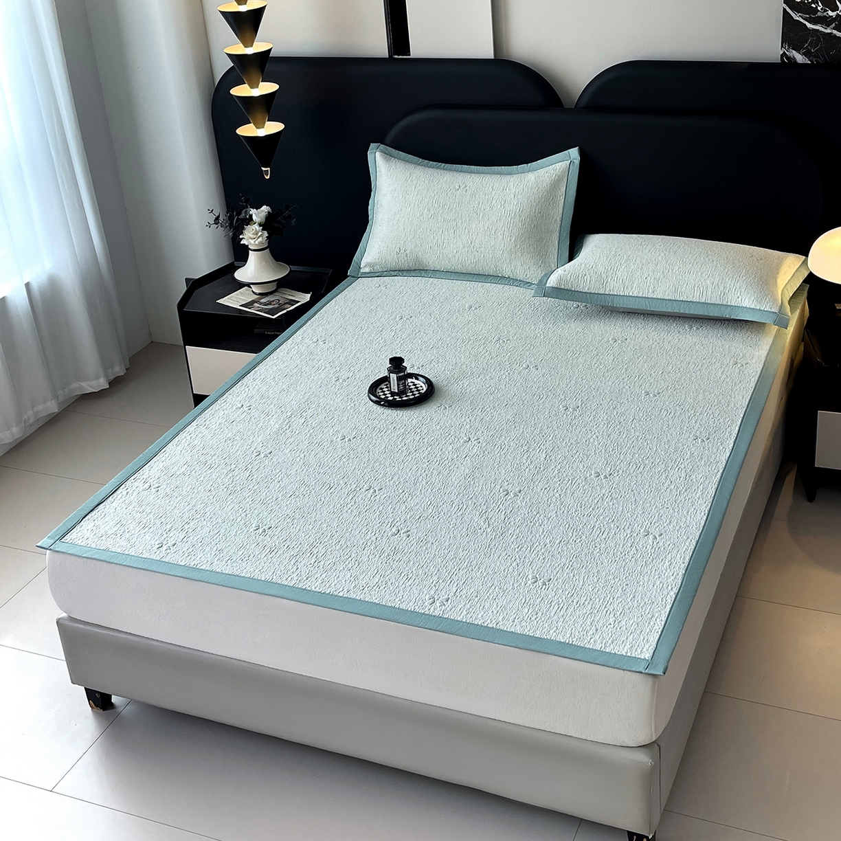 91家纺网 家纺一手货源 找家纺 莱米家纺 2026春夏新款全PE双面泡泡提花复合豆豆席凉席席子 蝴蝶结-绿