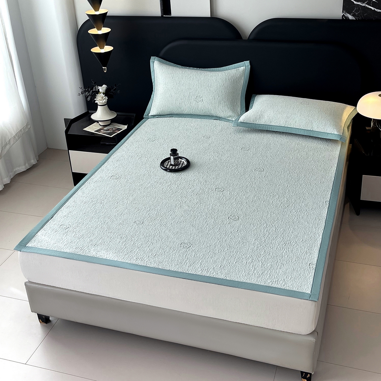 91家纺网 家纺一手货源 找家纺 莱米家纺 2026春夏新款全PE双面泡泡提花复合豆豆席凉席席子 玫瑰-绿