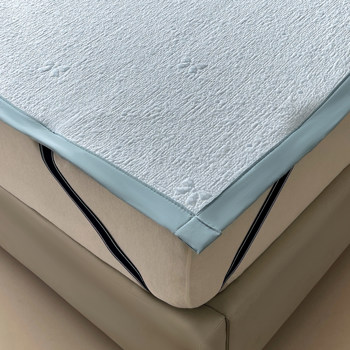 91家纺网 家纺一手货源 找家纺 莱米家纺 2026春夏新款全PE双面泡泡提花复合豆豆席凉席席子 蝴蝶结-蓝