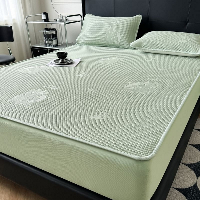 91家纺网 家纺一手货源 找家纺 卡罗兰 2026新款豆豆凉席PE提花豆豆席床单床笠款奶牛系列 绿色-床笠