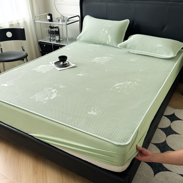 91家纺网 家纺一手货源 找家纺 卡罗兰 2026新款豆豆凉席PE提花豆豆席床单床笠款奶牛系列 绿色-床笠