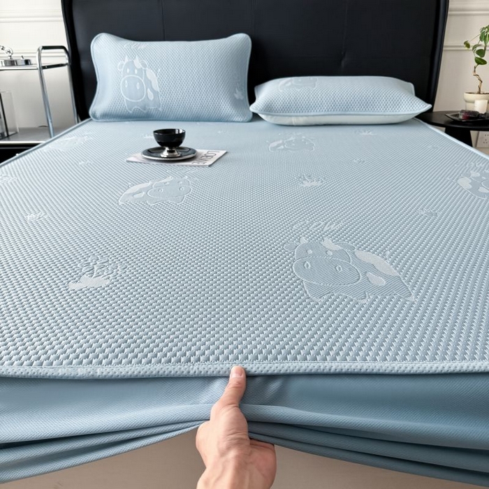 卡罗兰 2026新款豆豆凉席PE提花豆豆席床单床笠款奶牛系列 蓝色-床笠