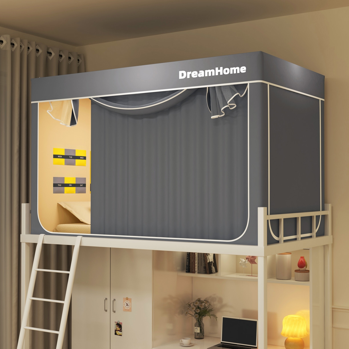 宅部落 2026新款宅部落学生床帘宿舍上下铺印花无涂层强遮光学生蚊帐 纯色-灰色