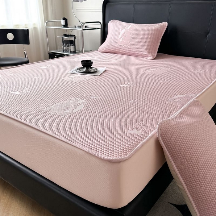 91家纺网 家纺一手货源 找家纺 卡罗兰 2026新款豆豆凉席PE提花豆豆席床单床笠款奶牛系列 粉色-床笠