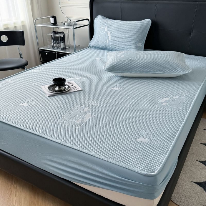 91家纺网 家纺一手货源 找家纺 卡罗兰 2026新款豆豆凉席PE提花豆豆席床单床笠款奶牛系列 蓝色-床笠