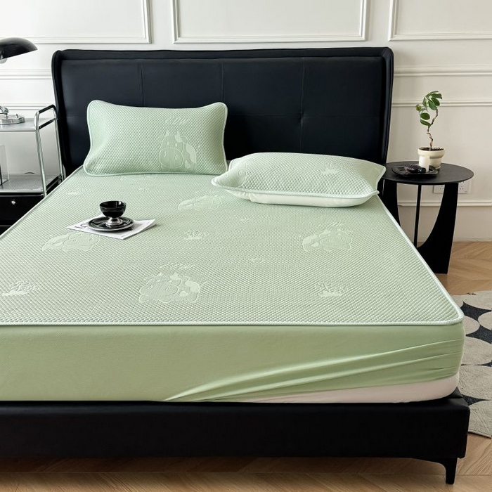 91家纺网 家纺一手货源 找家纺 卡罗兰 2026新款豆豆凉席PE提花豆豆席床单床笠款奶牛系列 绿色-床笠