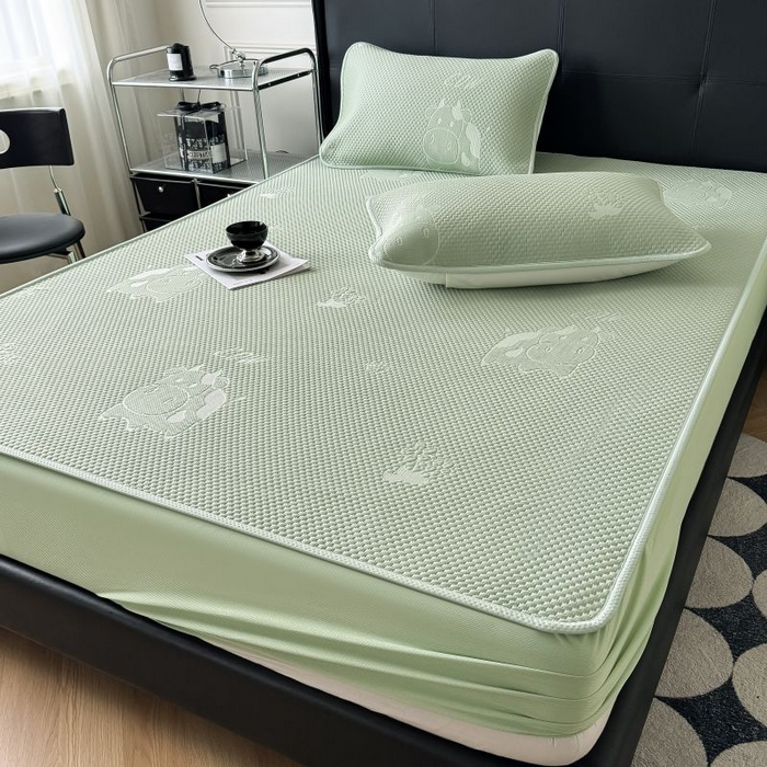 91家纺网 家纺一手货源 找家纺 卡罗兰 2026新款豆豆凉席PE提花豆豆席床单床笠款奶牛系列 绿色-床笠