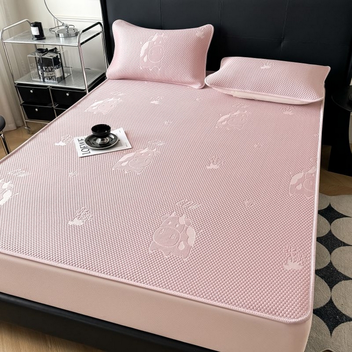 91家纺网 家纺一手货源 找家纺 卡罗兰 2026新款豆豆凉席PE提花豆豆席床单床笠款奶牛系列 粉色-床笠