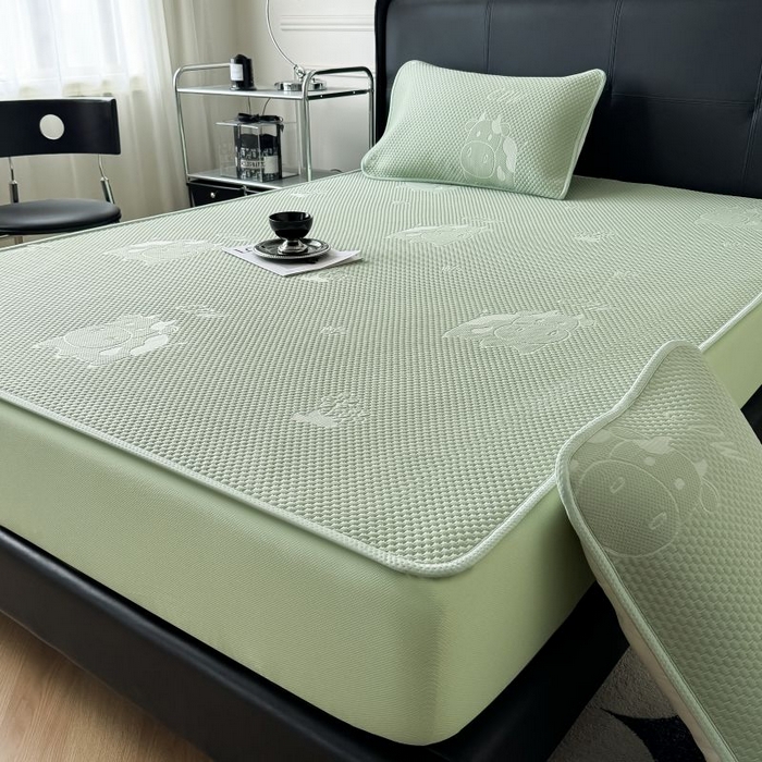 91家纺网 家纺一手货源 找家纺 卡罗兰 2026新款豆豆凉席PE提花豆豆席床单床笠款奶牛系列 绿色-床笠