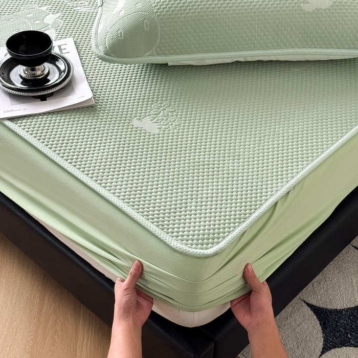 91家纺网 家纺一手货源 找家纺 卡罗兰 2026新款豆豆凉席PE提花豆豆席床单床笠款奶牛系列 绿色-床笠