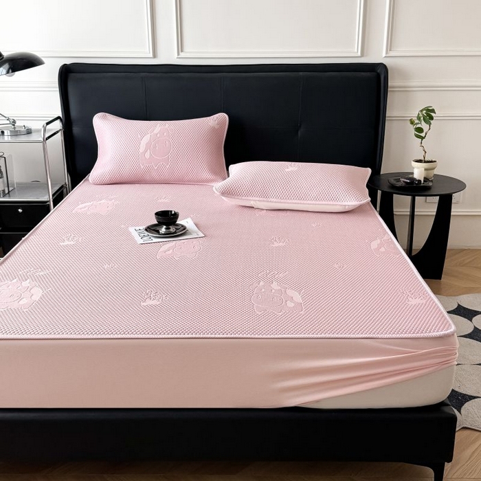 91家纺网 家纺一手货源 找家纺 卡罗兰 2026新款豆豆凉席PE提花豆豆席床单床笠款奶牛系列 粉色-床笠